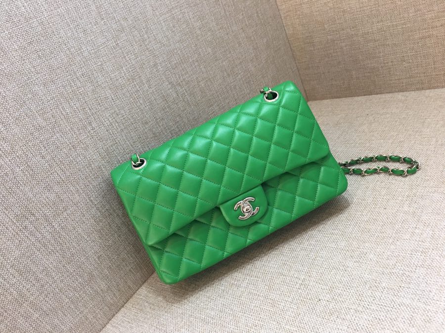 Medium Classic Flap Lambskin Bag AO1112 Green/Silver